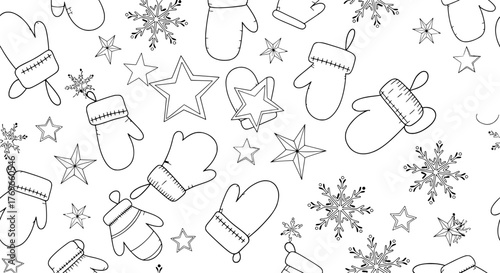 Winter doodle pattern with mittens, snowflakes, and stars for coloring book page