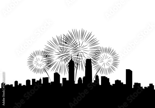 City skyline illuminated by fireworks display for celebrations and festivities