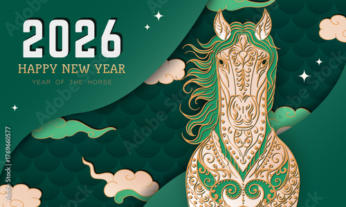2026 Year of the Horse banner with decorative ornate horse head and golden Asian ornaments on green background with clouds, stars. Chinese New Year greeting card with equine in paper cut layered style