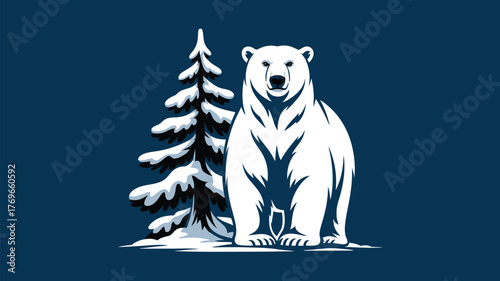 Majestic polar bear stands confidently beside snow-covered pine tree in stark winter wilderness, conveying power and resilience.
