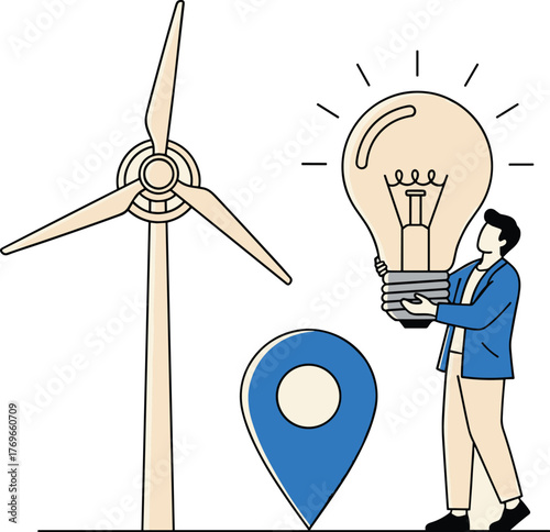Innovative Entrepreneur with Sustainable Energy Idea: A modern professional holding a bright light bulb, standing near a wind turbine and location pin, signifying innovation in renewable resources, cl