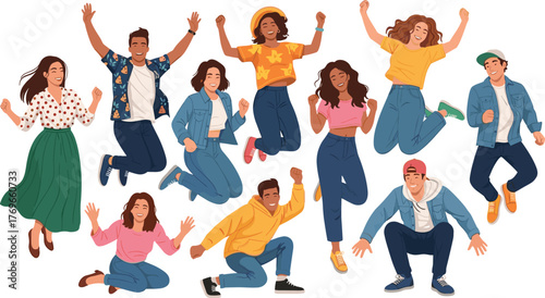 Diverse Group of Young Adults Celebrating Success in a Studio Setting, Jumping with Joy and Excitement, Demonstrating Unity and Teamwork for Business Presentations, Marketing Campaigns, and Social Med