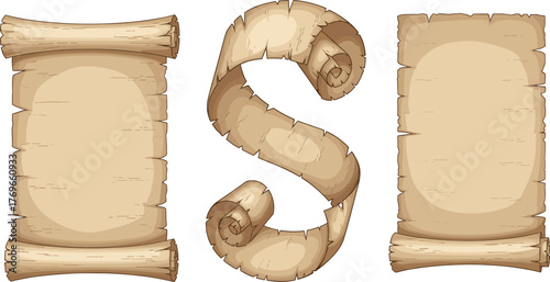 Ancient scroll letters forming ISI, vintage parchment texture, torn edges, fantasy theme, historical design, old paper art, stylized alphabet