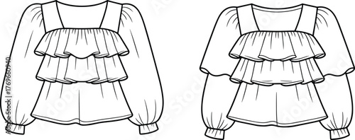 Vector fashion sketch of women’s blouse with square neckline, puff sleeves, gathered cuffs, tiered ruffles, fitted and voluminous variations