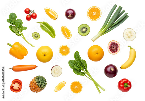 Colorful Assortment of Fresh Fruits and Vegetables on White Background 1.
