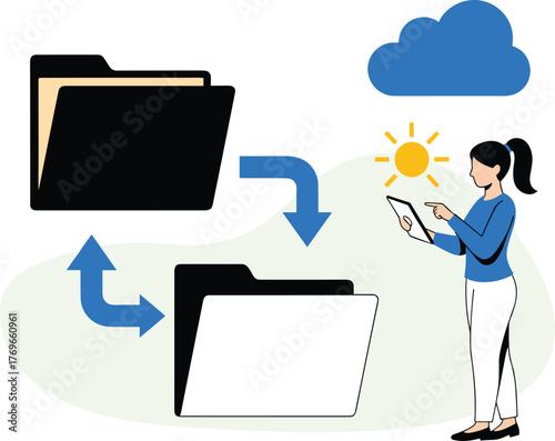 Woman Syncing Files to Cloud with Tablet for Modern Digital Business Solutions, Professional Data Management & Backup, Cloud Storage Illustration for Presentation & Marketing in Tech Industry, Vector