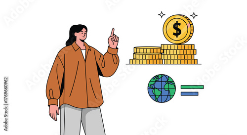Businesswoman Presenting Global Investment Strategy for Financial Growth and Success, Explaining International Markets and Opportunities in a Modern, Innovative Presentation with Charts and Data, Prom