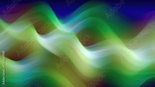 Abstract Fluid Wave Shapes With Green Gradient Hues On Dark Background, Perfect For Wallpaper, Poster, Banner Applications.