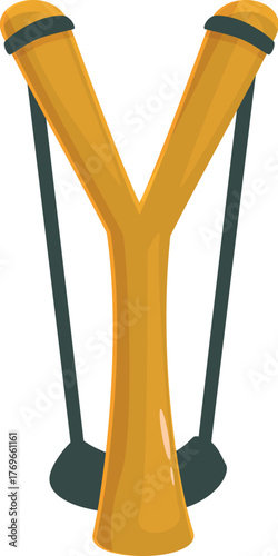 Classic wooden slingshot with elastic band ready for shooting