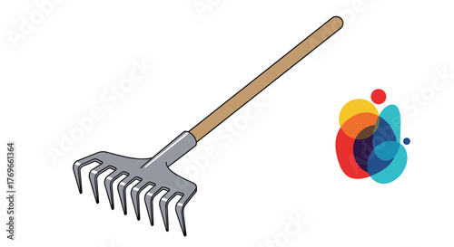 An illustrative vector drawing of a garden rake with a brown wooden handle and a grey metal head, isolated on a clean white background.