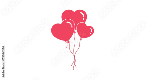 A cluster of three festive red heart-shaped balloons with strings, floating together against a clean white background, symbolizing love and celebration.