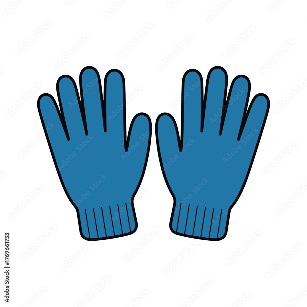 Obraz premium Pair of blue knitted winter gloves with black outlines on a white background cold