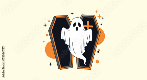 A cartoon ghost with a spooky face floats out of an open black coffin, surrounded by orange and black Halloween decorations.