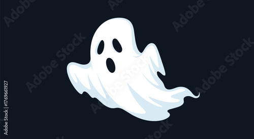 A cute, cartoon white ghost with expressive black eyes and mouth floats against a dark background, evoking a spooky yet friendly Halloween spirit.