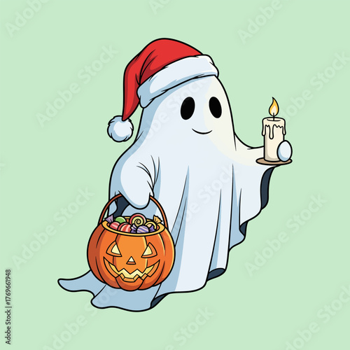 Cute Ghost with Santa Hat and Halloween Candy Basket