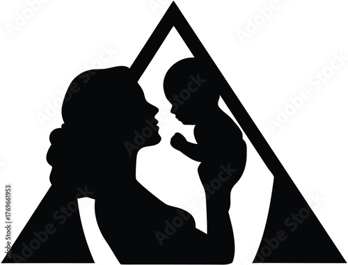 Silhouette design of love symbol, Mother Holding Baby Silhouette Inside Triangle Symbolizing Love and Protection 
