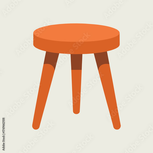Simple orange three legged stool with brown accents on a light beige background furniture