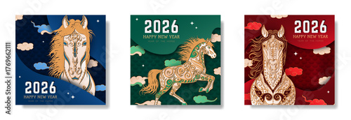 Set of paper cut layered greeting cards with hand drawn ornate Horse (equine) and text with oriental clouds and stars. Red, green, blue posters, web banners in asian style for 2026 Lunar New Year