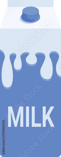 Blue milk carton with dripping white liquid, packaging for dairy product