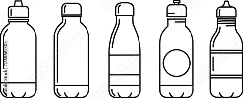 Set of five outline water bottle icons drink container