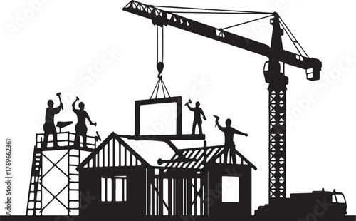 "Silhouette Construction Site with Workers, Crane, and House Framing – Editorial Vector Illustration"