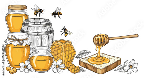 A charming illustration showcasing a variety of honey products like jars, a barrel, honeycomb, flying bees, and honey drizzled on toast.