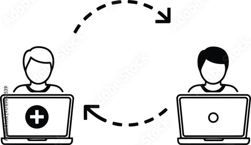 Connected people using laptops with arrows symbolizing data transfer and communication