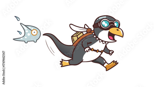 A time-traveling penguin with goggles and a jetpack exploring the dinosaur age