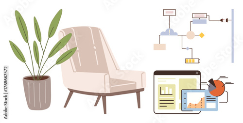 Cozy chair and plant next to digital workflow visualization of processes, analytics, and progress. Ideal for productivity, comfort, remote work, business, planning, technology simple flat metaphor