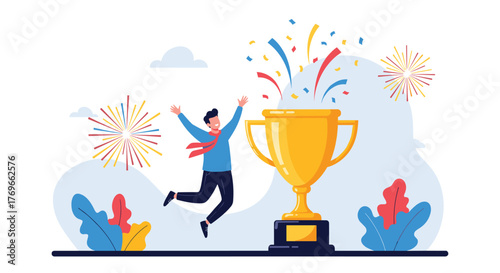 A happy person celebrates a significant achievement, jumping with joy next to a golden trophy amidst confetti and fireworks, symbolizing victory and success.