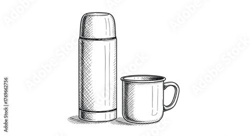 Hand-drawn sketch illustration of a tall thermos bottle and a simple metal enamel mug, perfect for camping or outdoor beverages.