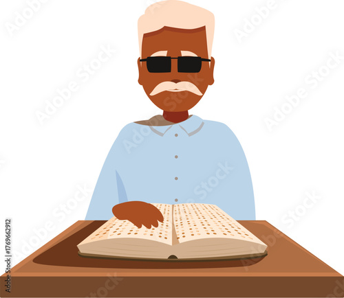 Elderly visually impaired man wearing sunglasses reading a braille book at a wooden table