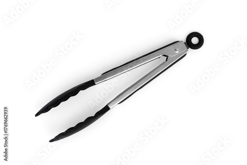 Black serving kitchen silicone tongs on a white background.
