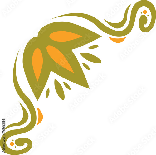Stylized floral corner ornament featuring a blooming flower with swirling stems and decorative dots, ideal for borders and frames