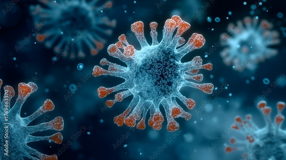Fototapeta premium Coronavirus cells in a detailed 3D illustration of virus micro photography AI Generated