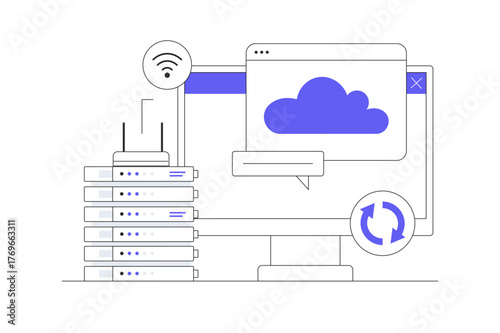 Understanding Cloud Computing and Data Management. Upload cloud server data transfer, wifi. Flat Cartoon Vector Illustration, icon Stylish abstract design landing page web