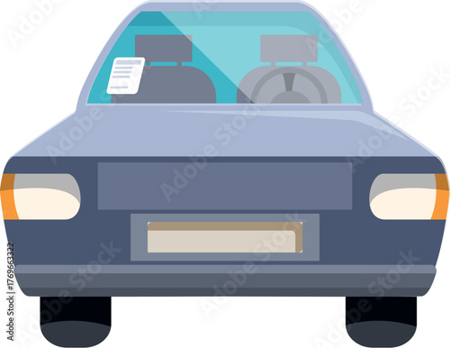 Generic gray car parking front view with empty license plate and sale note attached to the windshield