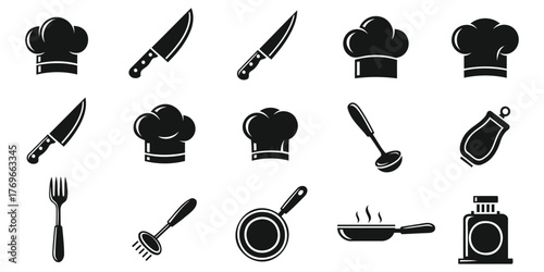 Collection of kitchen utensil icons isolated on white background