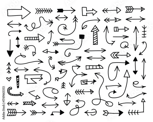 Collection of Hand Drawn Black Arrows on White Background