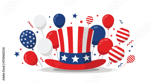 Patriotic Uncle Sam hat surrounded by red, white, and blue balloons and celebratory confetti, ideal for American holidays.