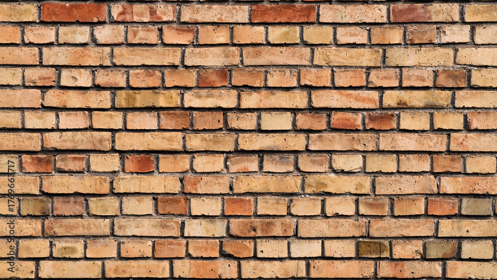 Fototapeta premium Old textured brick wall in shades of orange and beige with rough surface. Concept of construction background, industrial texture, architectural vintage detail