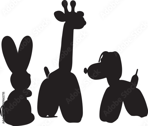Animal balloon sculptures a rabbit giraffe and dog on a