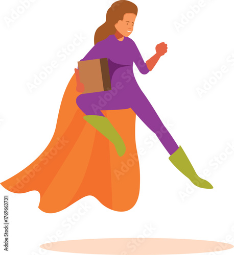 Courier woman wearing a superhero costume flying and delivering a package, express delivery and shipping concept