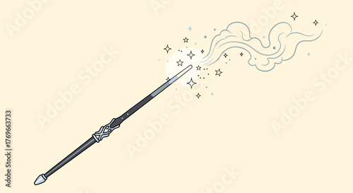 A stylized illustration of a magic wand glowing and emitting sparkling dust and mystical energy against a light background.
