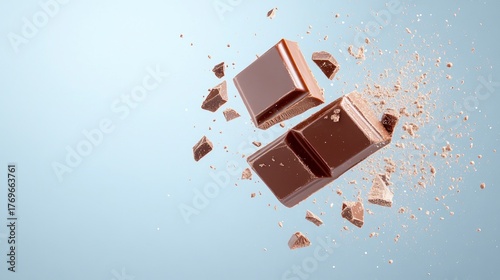 Chocolate bars explode in midair with chocolate dust and tiny chocolate pieces flying around them
