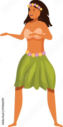 Young woman dancing hula, a traditional polynesian dance, wearing a flower garland and green skirt