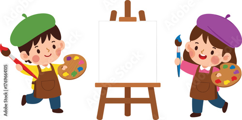Cartoon children painting illustration, blank canvas on easel, creative art scene, colorful berets and palettes, kids drawing vector, artistic expression concept