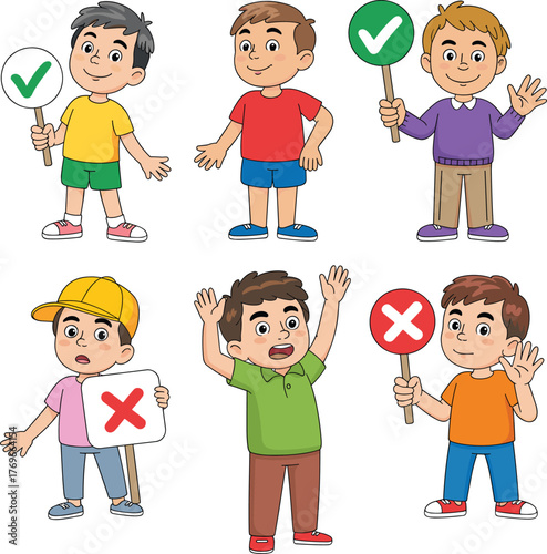 Cartoon boys with check and X signs, educational behavior illustration, right versus wrong concept, colorful character set, kids learning vector, teaching aid