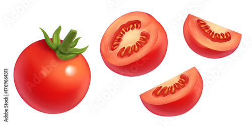 Vector fresh red tomatoes set whole and slices natural organic food illustration