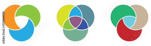 Modern isolated Venn diagram icons set on white background. Infographics vector flat diagram set on white page. EPS 10. 